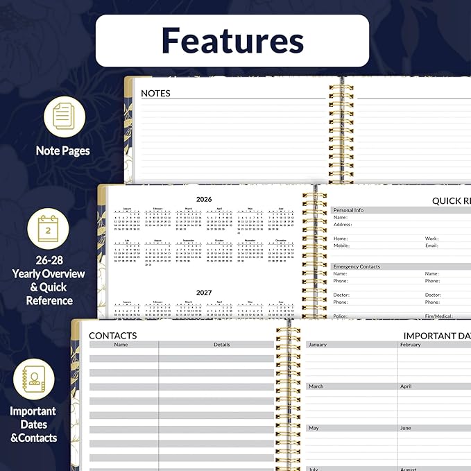 SUNEE 2026 Weekly and Monthly Planner - from January 2026 - December 2026, 6.4" x 8.3" Daily Agenda Planner with Monthly Tab, Flexible Cover, Note Pages, Pockets, Bookmark, Dark Blue Marble