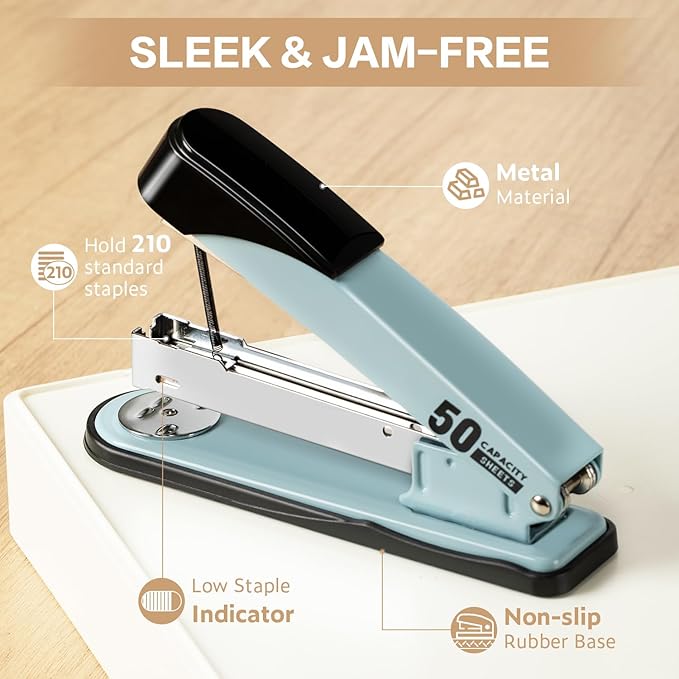 Deli Stapler Heavy Duty, Full Strip Staplers for Desk with 2000 Staples and Staple Remover, 50 Sheet Capacity, No Jam, Non-Slip Office Stapler with Staples for Office, Classroom, Blue