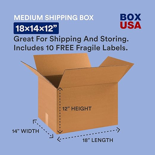 BOX USA Moving Boxes Medium 18"L x 14"W x 12"H 20-Pack - Corrugated Cardboard Box for Shipping, Mailing, Packing, Packaging and Storage