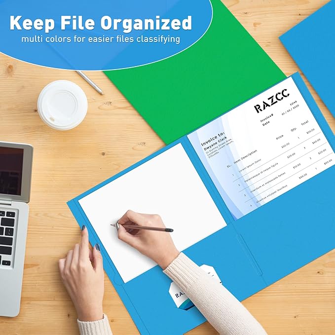 Two Pocket Folders, RAZCC 100 Pack File Folders with Pockets Fit Letter Size Paper, Thick Paper File Folder for School Office Business Home, Assorted 5 Colors