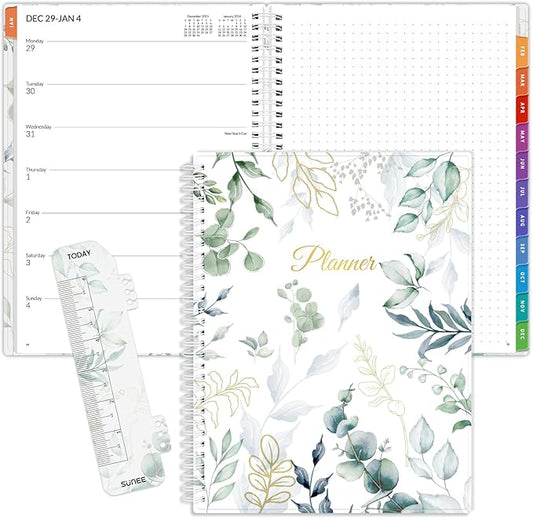 SUNEE 2026 Weekly and Monthly Planner - January 2026-December 2026, 8.5"x11" Half Weekly Half Note, Daily Agenda Planner with PVC Waterproof Cover, Monthly Tab, Note, Pockets, Bookmark, Leaf