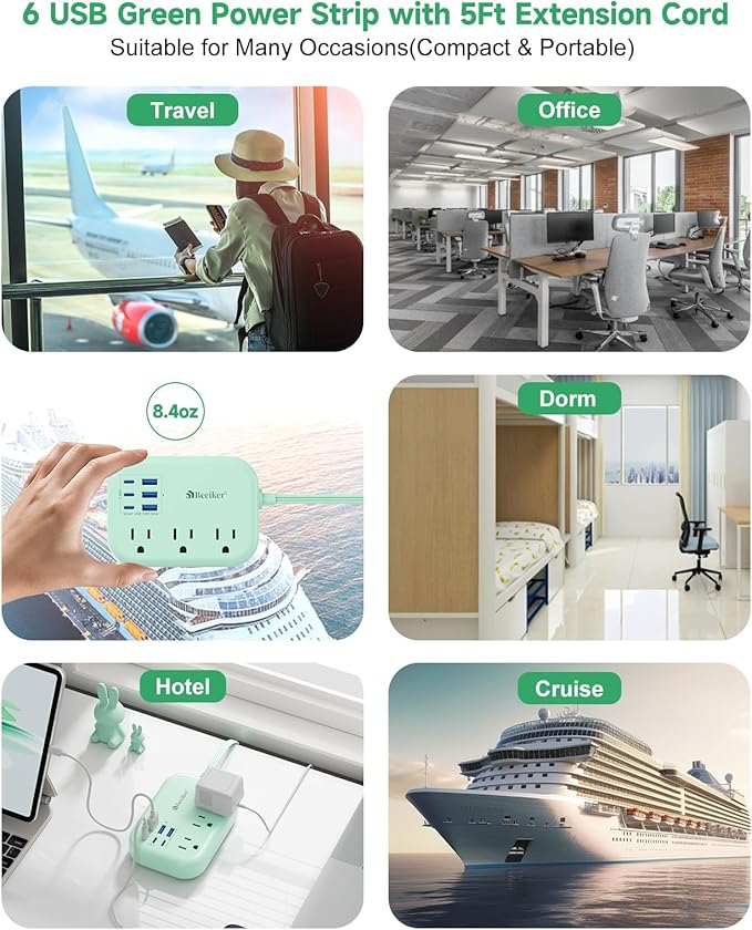 6 USB(3 USB C) Green Travel Power Strip- 5Ft Green Extension Cord with 6 USB Charging Station 24W and 3 Outlets, Cute Desk Accessories for Cruise Travel Kawaii Home Office Dorm Room