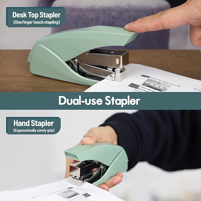 AFMAT ES10 Effortless Stapler for Desk, 50 Sheet Capacity, Low Force, Built-in Staple Remover, One Finger Touch Stapling Desktop Stapler, Portable & Space Save Size, Good for Home & Office, Green