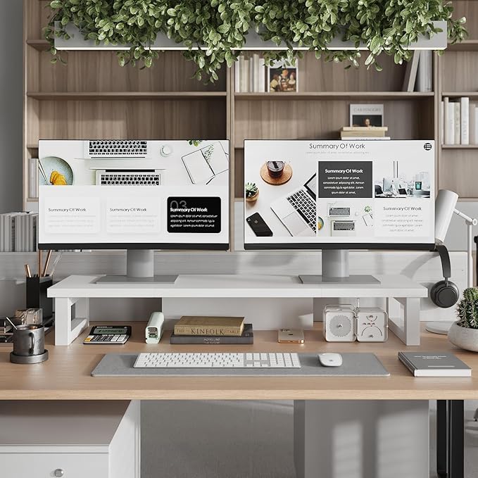 WESTREE Dual Monitor Stand Riser, Wood and Steel Monitor Stand Riser, Computer Monitor Stand for 2 Monitors, Multi-Purpose Desktop Storage Stand for Computer,Laptop,Printer,TV