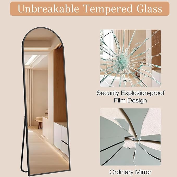 Arched Full Length Mirror with Stand, 57"x20" Free-Standing Leaning Wall-Mounted Mirrors, Elegant Body Mirror for Living Room, Bedroom & Cloakroom, Black