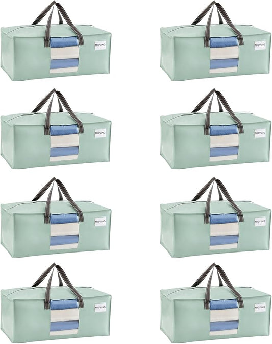 VENO 8 Pack Moving Bags for College, Heavy-Duty Storage Totes, Moving Boxes and Wardrobe Packing Supplies Alternative - Extra Large Durable Laundry Bags for Clothes (Shiny Light Green, 8 Pack)