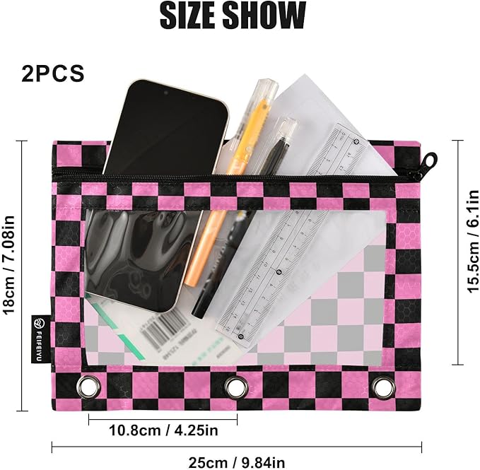 Checkerboard Pink Black Squares Pencil Pouch for 3 Ring Binder, 2 Pack Waterproof Pencil Bags Clear Window Zipper School Office Supplies