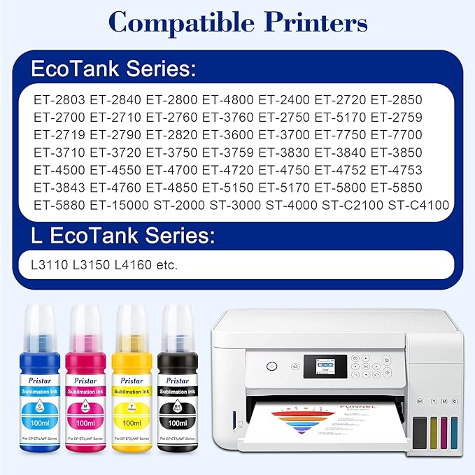 Pristar Sublimation Ink for EPS Ecotank ET 2803 ET-2800 ET-4800 ET-2850 2840 ET-2710 ET 2720 ET 2760 ET-15000 ET-3760 ET-2400 ET-2750 5170 400 ml Supertank Printer Autofill Ink for Sublimation Transfe