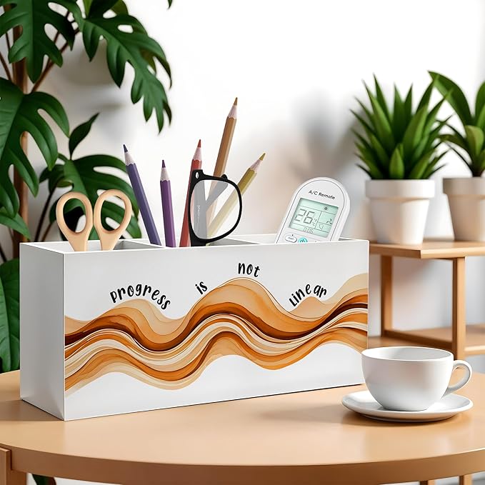 Inspirational Mental Health Pencil Pen Holder for Desk, Progress Is Not Linear Wooden Pencil Holder Organizer for Therapy Office Desk Accessories, School Counselor Office Must Haves