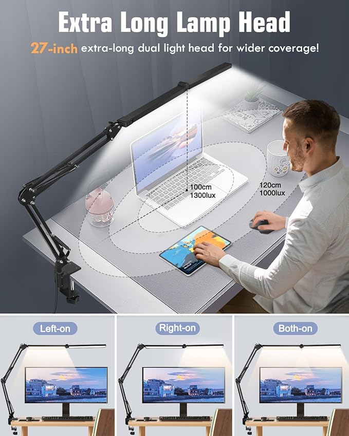 Toolour LED Desk Lamps for Home Office 2 in 1 Double Head Desk Lamp with Clamp Base,Remote Control,Dimmable Architect Clip on Desktop Computer Light Bar with Memory for Workbench Darkroom