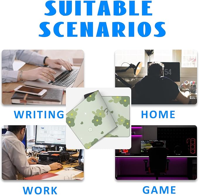 Desk Mat, Kawaii Green Flower Extended Gaming Mouse Pad Large, 35.4"x15.7" Big Mouse Pad with Non-Slip Base and Stitched Edge, Long Computer Keyboard Mouse Mat for Home Office Work
