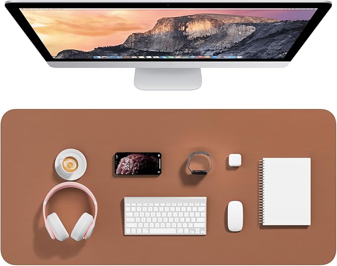 Hsurbtra Desk Pad, 35.5" x 17" PU Leather Desk Mat, XXL Extended Mouse Pad, Waterproof Desktop Blotter Protector, Non-Slip Ultra Thin Large Laptop Keyboard Writing Mat for Office Home, Dark Apricot