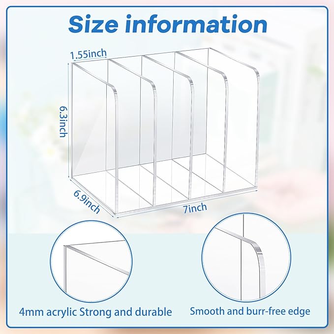 Suzile Clear Acrylic Magazine File Holder with Vertical Compartments Desk Organizer Book Rack for Desk Sorter Paper Folder Office Accessories(Stylish,7 x 6.9 x 6.3 Inch)