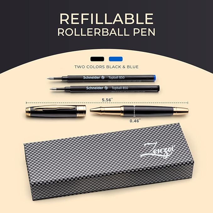 ZenZoi Luxury Pen For Men & Women W/Fine Tip Rollerball – Elegant Matte Black Executive Pen Gift Set W/Gold Trim, Quality Black Matte