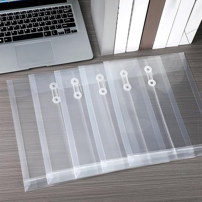 50 Pcs A4 Size Clear Plastic Poly Envelopes with String Closure, Expandable Files Document Folder, Reusable Large Capacity File Bag for School Office and Home(50 Pcs)