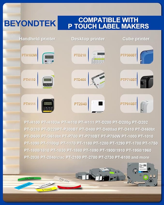 PTD210 Tape TZe131 TZe231 TZe431 TZe531 TZe631 TZe731 P Touch Label Tape 12mm 0.47 Laminated Tape Compatible P-Touch PTH110 PTH100 PTD210 PTD200 PTD400AD PTD600 Label Maker (6 Pack Combo Set)