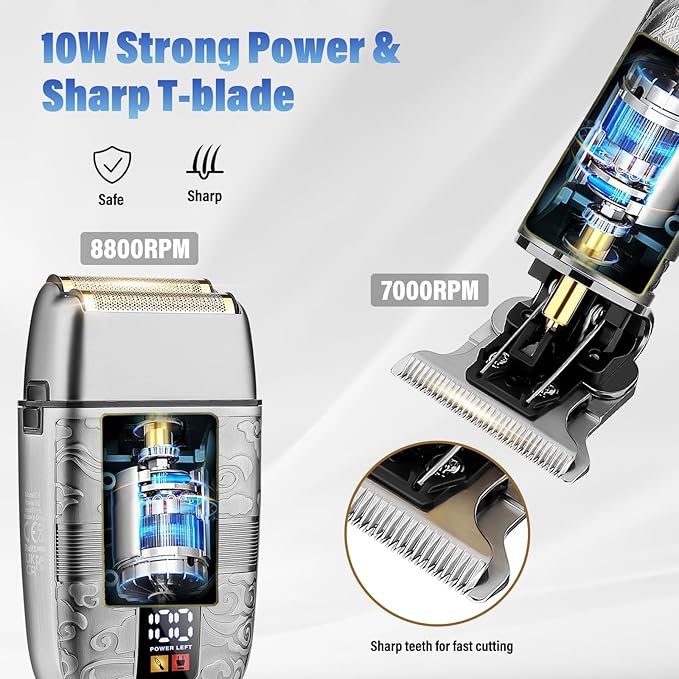 Professional Hair Trimmer Hair Clippers for Men, Nose Hair Trimmer Shaver Set,Cordless T-Blade Beard Trimmer Barber Clippers,Electric Razor Foil Shavers for Men Haircut Grooming Kit(Silver)