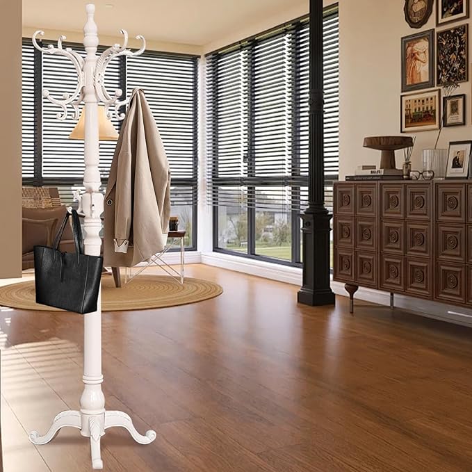 Wooden Coat Racks, Retro 78" Coat Tree with 12 Hooks & Stable Triangular Base, Entryway Coat Rack Freestanding for Hat, Clothes, Scarves, Handbags, Umbrella (Ivory)