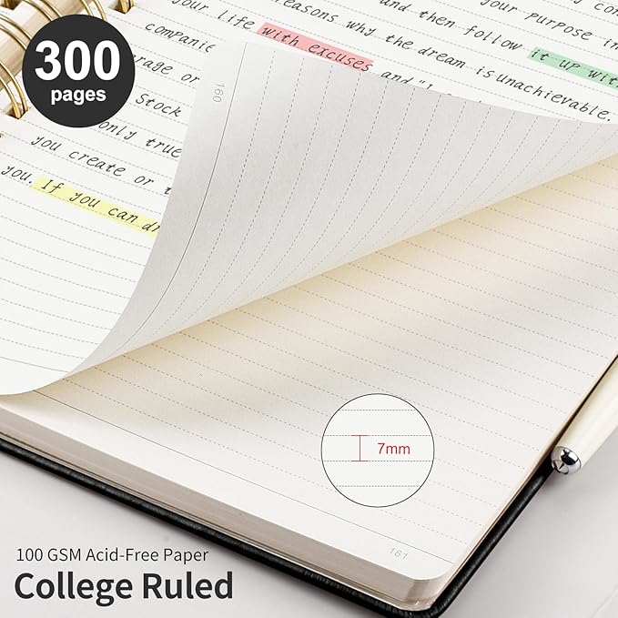 EMSHOI Spiral Notebook College Ruled, 300 Numbered Pages, B5 Large Hardcover Leather, 100 GSM Thick Lined Journal for Women Men Work Writing Journaling Note Taking, 7.48" x 10.15", Black