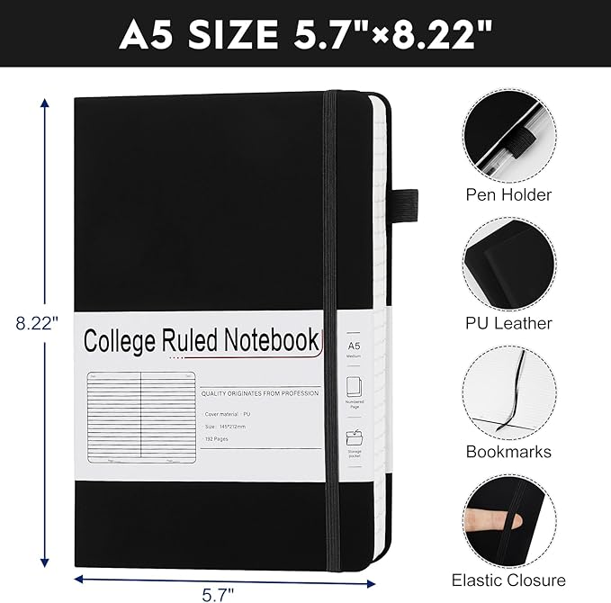 A5 Lined Journal Notebooks for Work, 192 Pages, Medium 5.7 x 8.3inch, College Ruled, Vegan Leather Hardcover Journals for Women Men,3 Pack