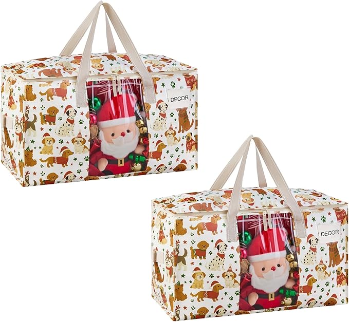 VENO 2 Pack Moving Bags, Large Christmas Storage Bins with lids, Packing Supplies for College, Alternative to Moving Boxes, Foldable, Heavy-Duty Tote, Christmas Pattern (Holiday Pups, 2 Pack)