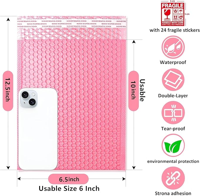 Bubble Mailers 6x12'' 100 Pack and 24PCS Fragile Stickers Pink Thick Waterproof Padded Poly Envelopes Bubble Wrap Mailers Self Seal Shipping Bags for Mailing Small Business Homes Envelope Mailers #0