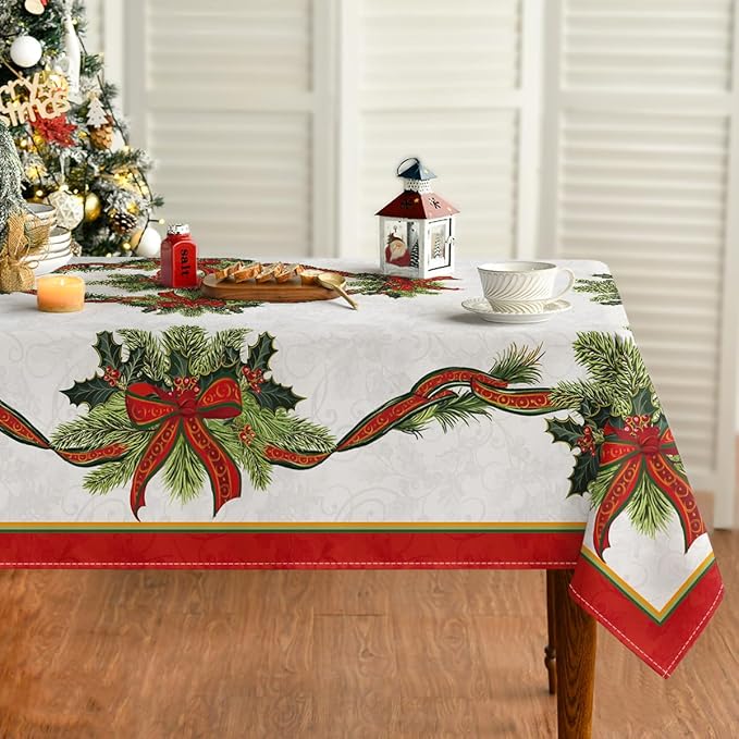 Horaldaily Christmas Tablecloth 60×104 Inch, Poinsettia Golden Ribbon Washable Table Cover for Party Picnic Dinner Decor