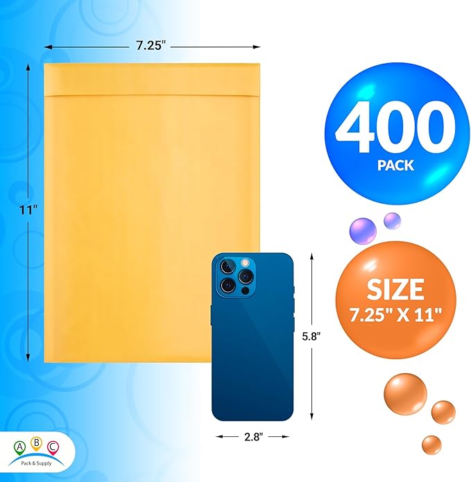 ABC PACK & SUPPLY Gold Kraft Bubble Mailer Envelopes, 7.25 x 11 Inches. 400 Pack Mail Padded Envelopes Self Seal. Kraft Bubble Mailers. Tear-Resistant Mailing Envelope Padded. Sturdy Paper Mailer
