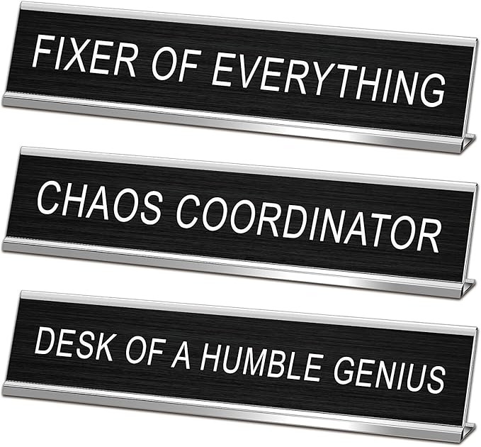 3 Pcs Chaos Coordinator Fixer of Everything Desk of a Humble Genius Funny Desk Signs for Office, Black Base Novelty Nameplate Office Decor Plaque for Coworker Gift 10 x 2"
