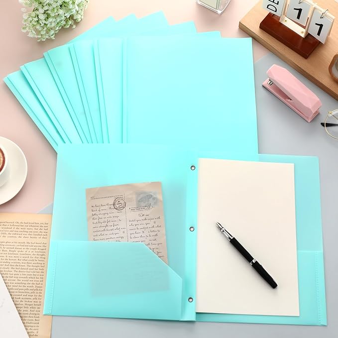 Patelai 48 Pcs Plastic Folders with 2 Pockets and 3 Prongs Home Folders with Card Slot Letter Size Heavy Duty Report Covers for Back to School(Mint Green,Classic)