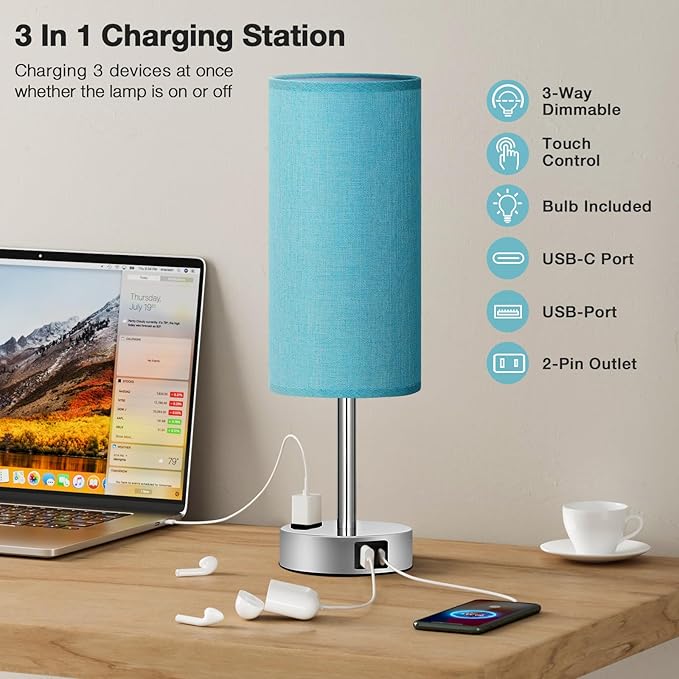 Fenmzee Turquoise Nightstand Table Lamp for Bedroom - 3 Way Dimmable Touch Lamp USB A and C Charging Ports and AC Outlet, Small Lamp for Office Desk with Metal Base, LED Bulb Included