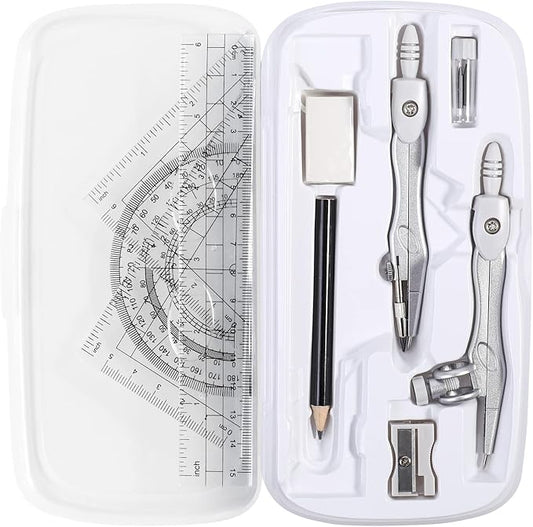 Math Geometry Kit Sets 10 Piece Student Supplies with Shatterproof Storage Box,Includes Rulers,Protractor,Compass,Eraser,Pencil Sharpener,Lead Refills,Pencil,for Drafting（White）