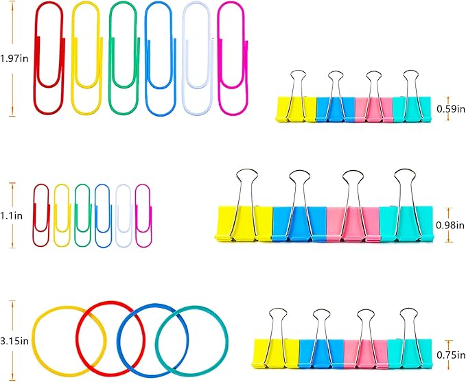 Paper Clips Binder Clips, Colored Office Clips Set - Back to School Supplies- Assorted Sizes Paperclips Paper Clamps Rubber Bands for Office and School Supplies, Document Organizing