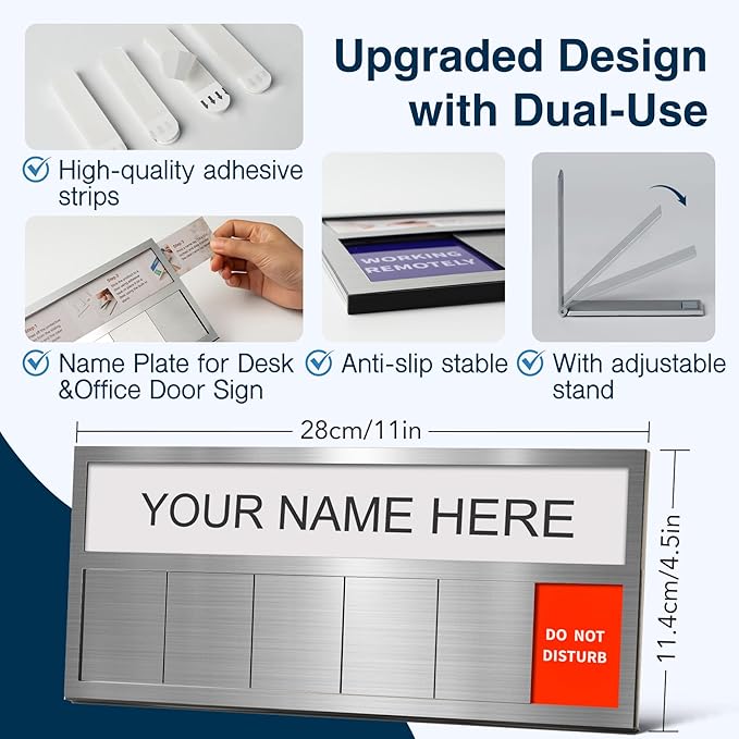 Name Plate for Desk& Office Door Sign, 6 Options Do Not Disturb, In A Meeting, Out of Office, Working Remotely, Please Knock, Stick or Stand with Desk Name Plate, Brushed Silver no icon