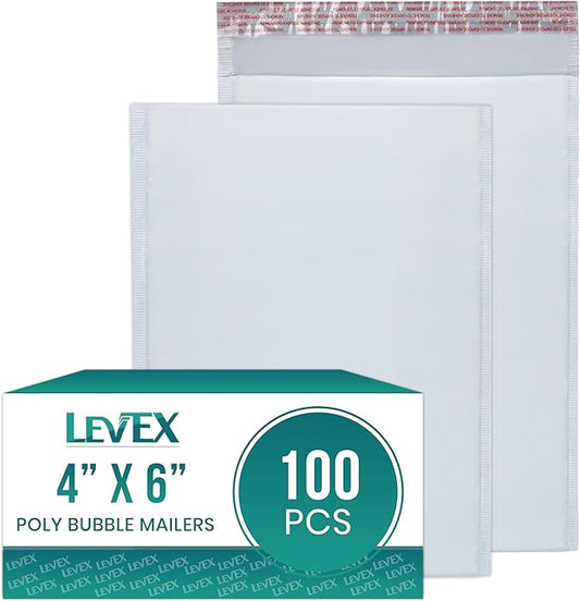 Levex - #0000 4" x 6" [100 Pack] Poly Bubble Mailers, Padded Envelope Mailers, Packing Envelope & Mailing Bags for Shipping