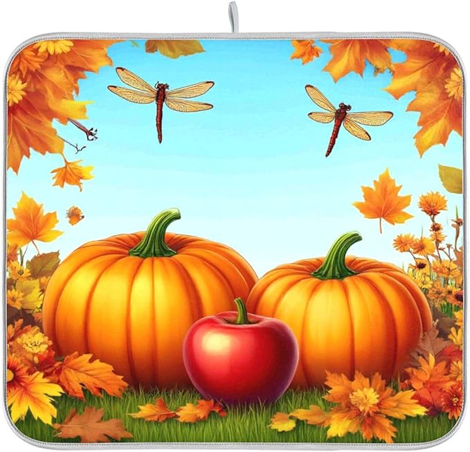 Autumn Thanksgiving Day Pumpkins Maple Dish Drying Mat for Kitchen Counter 16 x 18 Inch Flowers Dragonfly Leaves Dry Dishes Pads Mats Absorbent Countertops Counter Tableware Mat Protector Home Decor