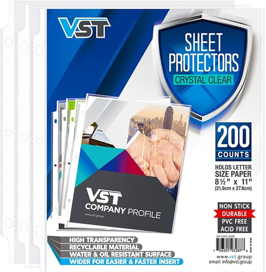 VST Sheet Protectors 8.5 x 11 Inch for 3 Ring Binder, Crystal Clear Page Protectors, Medium Weight Plastic Sleeves, Top Loading Paper Protector Acid Free, Letter Size, Dry Erase Pocket, 200 Sheets