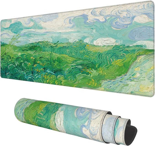 Desk Mat, Field Landscape Oil Painting Extended Gaming Mouse Pad Large, 31.5"x11.8" Big Mouse Pad with Non-Slip Base and Stitched Edge, Long Computer Keyboard Mouse Mat for Home Office Work