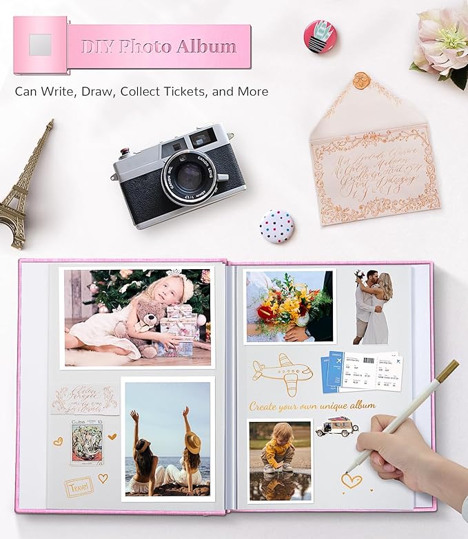 Photo Album Self Adhesive Scrapbook Album for 3x5 4x6 5x7 8x10 Pictures,40 Pages Linen Cover with Display Window DIY Photo Book,Ideal Gifts for Family Travel Wedding Baby