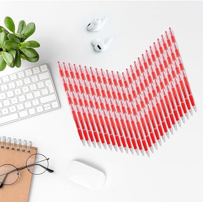 Aozora Retractable Pens Ballpoint Super Smooth Writing Pens Bulk 100 pack Medium Point 1.0mm No Bleed Click Pens with Soft Grip Red Ink