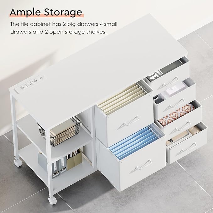 6 Drawer File Cabinet with Charging Station Rolling Printer Stand with Open Storage Shelf Fabric Lateral Filing Cabinet for Home Office,White