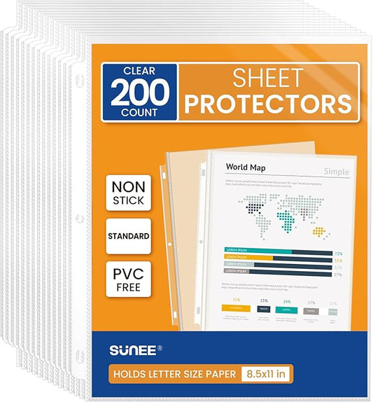 SUNEE Sheet Protectors 200 Packs for 3 Ring Binder, PVC-Free Clear Page Protectors 8.5x11 Inches Plastic Sleeves for Paper, Documents, Photos, Top Loading Binder Sleeves Letter Size