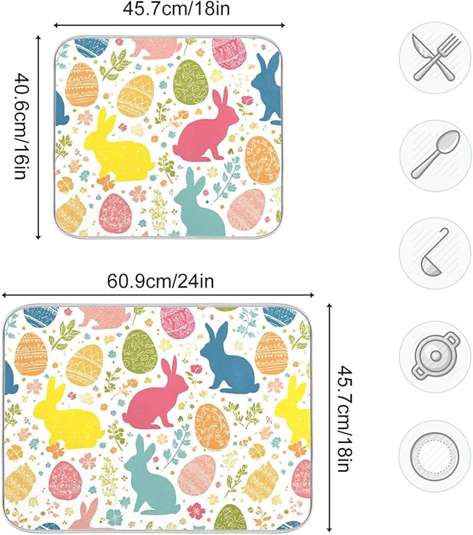 Flowers Eggs Bunny Easter Dish Drying Mat 18 X 24 Inches Spring Rose Leaves Peeps Rabbits Dry Dishes Pads Mats for Kitchen Tableware Protector Countertops Counter Home Decorations