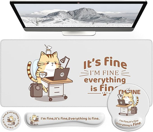 iCasso Desk Mat Set,Large Mouse Pad with Wrist Support,Cute Cat Wrist Support for Keyboard,Non-Slip Computer Mat with Stitched Edges, Anime Desk Cover Protector for Office Home Dorm