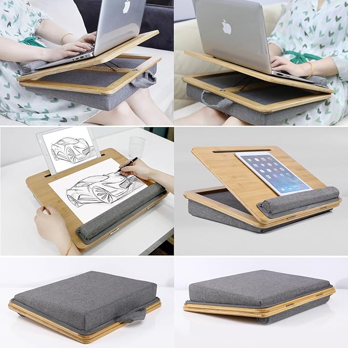 Adjustable Lap Desk for Laptop with Cushion, Bamboo Laptop Stand with Anti-Slip Strip Tablet Phone Holder, Fits up to 15.6 inch or 14 inch with Mouse Space
