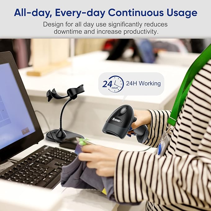 Eyoyo Handheld 2D Barcode Scanner with Gooseneck Stand, Automatic USB Wired QR Code Scanner Bar Code Reader Support Screen Scanning for PC POS System Library Store Supermarket Check-Out, Inventory…