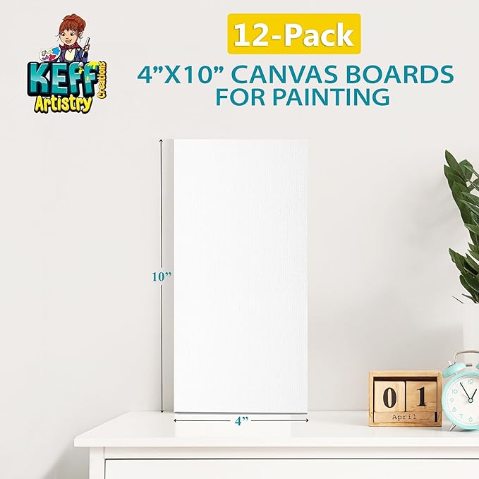 KEFF Canvas Boards for Painting - 4x10 12-Pack Bulk Canvas Panels, 100% Cotton Triple Primed Small Canvases for Painting Supplies, Acrylic, Oil, Watercolor & Tempera