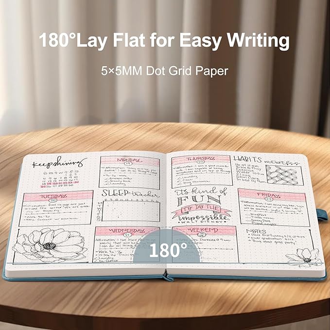 AHGXG Bullet Dotted Journal - Dot Grid Notebook Journal, 120 GSM Thick Acid-Free Paper, A5 Dotted Notebook 160 Pages, Leather Hardcover, Inner Pocket, Journal Stencil, 5.7'' × 8.3'' - Gray Blue