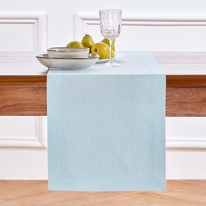 Solino Home Linen Ice Water Table Runner 36 Inches - 100% Pure Linen Farmhouse Short Table Runner 14 x 36 Inch Ideal for Dresser and Coffee Tables - Fete - Christmas, Holiday
