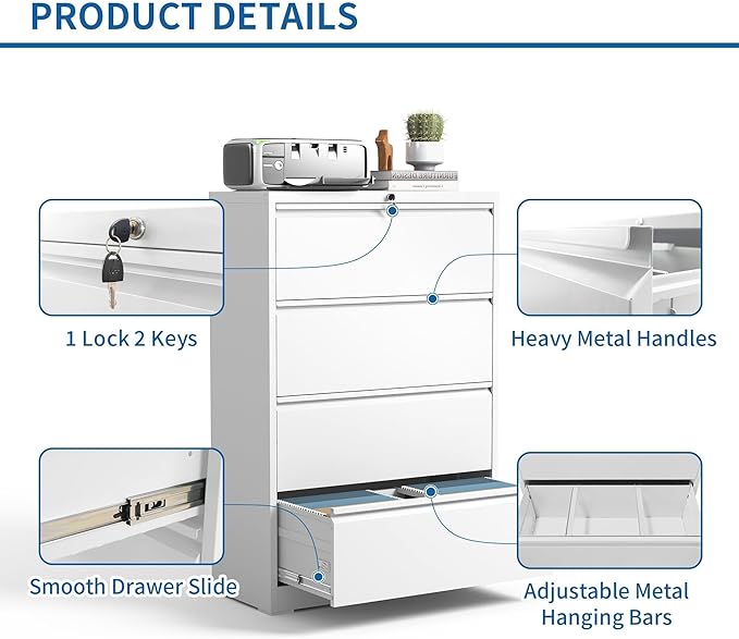 Lateral File Cabinet 4 Drawer, Metal File Cabinets for Home Office Legal/Letter A4 Size, File Cabinet with 4 Lock, Require Assembly, White
